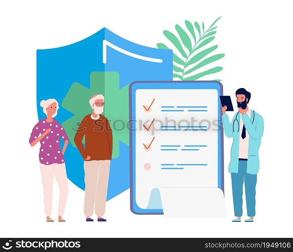 Health insurance for seniors. Medical service, elderly people exam in hospital. Doctor for old person vector illustration. Medical insurance senior people, health care buisness. Health insurance for seniors. Medical service, elderly people exam in hospital. Doctor for old person vector illustration