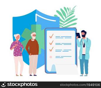Health insurance for seniors. Medical service, elderly people exam in hospital. Doctor for old person vector illustration. Medical insurance senior people, health care buisness. Health insurance for seniors. Medical service, elderly people exam in hospital. Doctor for old person vector illustration