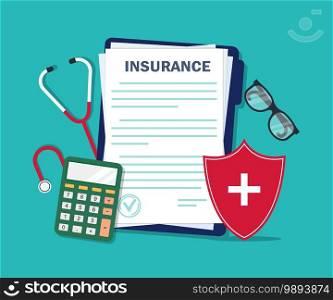 Health insurance form. Medical research report of patient, healthcare clinic document. Personal safety concept. Protection of life stuff. Healthcare blank with stethoscope in flat style. vector. Health insurance form. Medical research report of patient, healthcare clinic document. Personal safety concept. Protection of life stuff. Healthcare blank with stethoscope in flat style. vector.