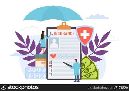 Health insurance. Healthcare, finance and medical service, drugs cost calculating. People health protection vector signing form of landing page. Health insurance. Healthcare, finance and medical service, drugs cost calculating. People health protection vector landing page