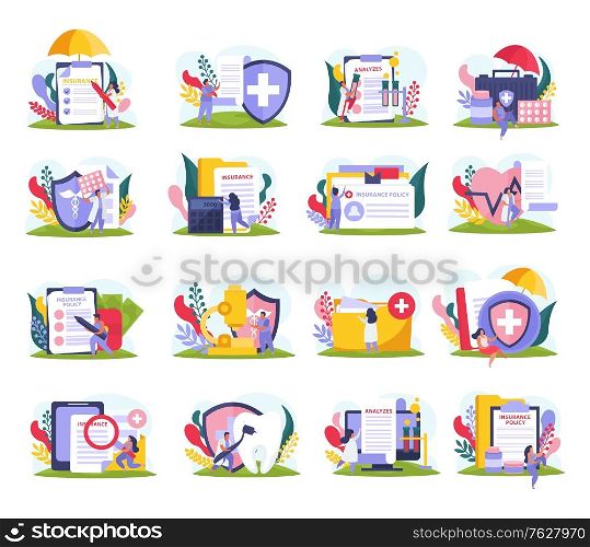 Health insurance icons set with healthcare symbols flat isolated vector illustration