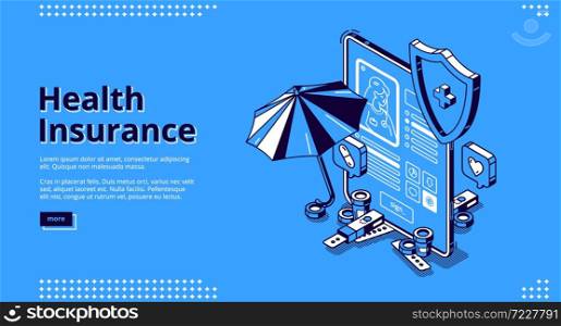 Health insurance isometric landing page. Policy document form on tablet screen with pills bottle and umbrella nearby. Medical protection for life guarantee, investment. 3d vector line art web banner. Health insurance isometric landing page banner