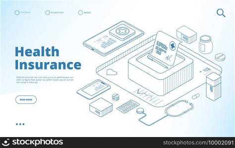 Health insurance landing. Healthcare personal plan, family medical life insurance. Save money doctor receipt isometric vector concept. Insurance health page landing, medical healthcare illustration. Health insurance landing. Healthcare personal plan, family medical life insurance. Save money doctor receipt isometric vector concept