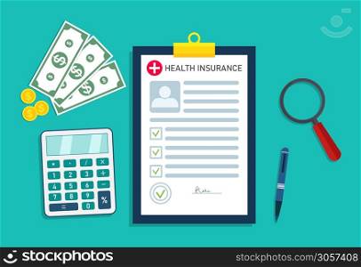 Health insurance. Medical form with money for healthcare. Icon for bill in hospital. Check and analysis of patient health before insure. Document, calculator for doctor. Cost of insurance. Vector.. Health insurance. Medical form with money for healthcare. Icon for bill in hospital. Check and analysis of patient health before insure. Document, calculator for doctor. Cost of insurance. Vector