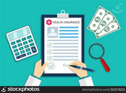 Health insurance. Medical insurer with form of healthcare. Doctor in hospital with money and calculator. Cost and bill on insurance for patient. Medicine checklist in document. Icon of clinic. Vector.. Health insurance. Medical insurer with form of healthcare. Doctor in hospital with money and calculator. Cost and bill on insurance for patient. Medicine checklist in document. Icon of clinic. Vector