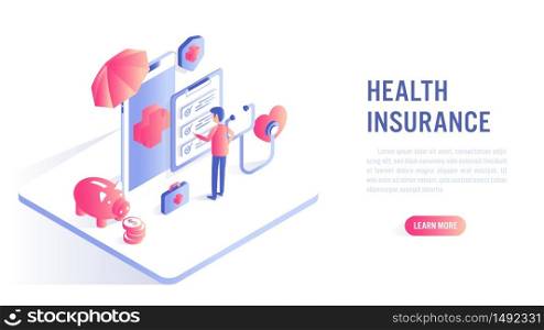 Health insurance online concept. A man choosing insurance plan on mobile app. Isometric flat vector design.