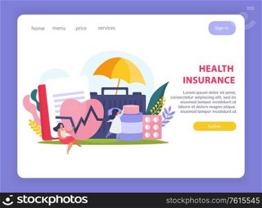 Health insurance page design with price and services symbols flat vetor illustration