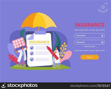 Health insurance website with healthcare and treatment symbols flat vector illustration