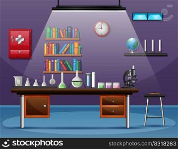 Health laboratory room with table full of instruments for scientific experiment 