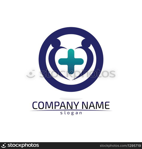 health logo care, medical, medicine, meditation and hospital design icon vector