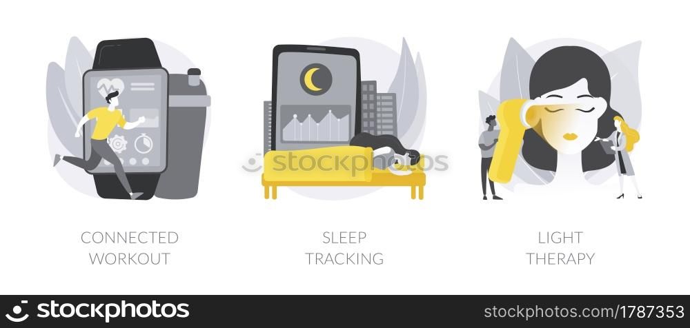 Health maintaining and wellbeing abstract concept vector illustration set. Connected workout, sleep tracking, light therapy, smart gym, sport video tutorial, wearable monitor abstract metaphor.. Health maintaining and wellbeing abstract concept vector illustrations.