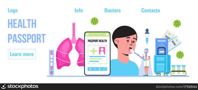 Health passport concept vector foe web, header. Vaccine, immunity passport app illustration. Doctors wearing medical masks, disinfectant gloves washing hands. Travel rules in COVID-19 pandemic.. Health passport concept vector foe web, header. Vaccine, immunity passport app. Doctors wearing medical masks, disinfectant gloves washing hands. Travel rules in COVID-19 pandemic.