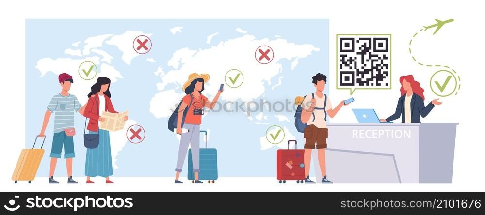 Health passport people. Travelers with luggage at control, scanning QR codes, airport reception, green certificate holders in queue, tourism during pandemic, vector cartoon flat style isolated concept. Health passport people. Travelers with luggage at control, scanning QR codes, airport reception, green certificate holders, tourism during pandemic, vector cartoon flat isolated concept