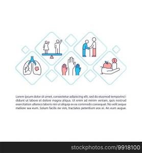 Health policy concept icon with text. Human rights and gender equality. Healthcare for older persons. PPT page vector template. Brochure, magazine, booklet design element with linear illustrations. Health policy concept icon with text