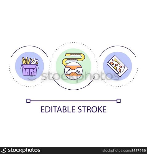 Health problem caused by fat food loop concept icon. Cholesteric plaques in vascular system. Dieting abstract idea thin line illustration. Isolated outline drawing. Editable stroke. Arial font used. Health problem caused by fat food loop concept icon