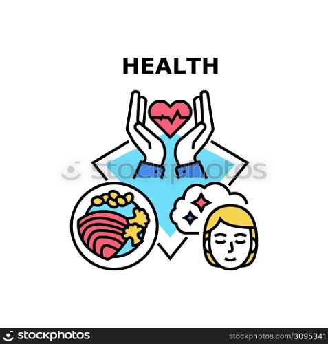 Health Procedure Vector Icon Concept. Eating Healthy Dietetic Food And Sleeping Health Procedure For Immune And Wellness. Eat Healthcare Diet Food And Resting At Night Color Illustration. Health Procedure Vector Concept Color Illustration