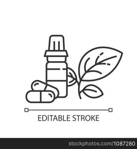 Health products linear icon. Medication and pills. Vitamins and dietary supplements. E commerce department. Thin line illustration. Contour symbol. Vector isolated outline drawing. Editable stroke