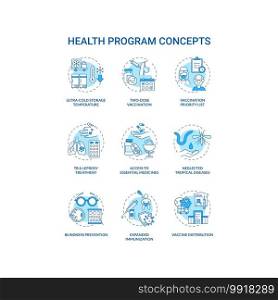 Health program concept icons set. Health programs principles. Covid vaccination. Vaccine logistic idea thin line RGB color illustrations. Vector isolated outline drawings. Editable stroke. Health program concept icons set