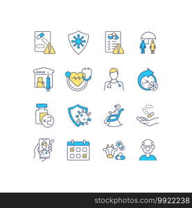 Health program RGB color icons set. Protection from dangerous viruses. Expanded immunization of your body. Ultra cold storage temperature for special medicaments. Isolated vector illustrations. Health program RGB color icons set