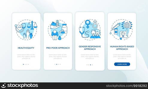 Health programs principles onboarding mobile app page screen with concepts. Pro poor approach walkthrough 4 steps graphic instructions. UI vector template with RGB color illustrations. Health programs principles onboarding mobile app page screen with concepts