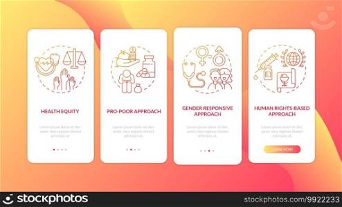Health programs principles onboarding mobile app page screen with concepts. Human rights based approach walkthrough 4 steps graphic instructions. UI vector template with RGB color illustrations. Health programs principles onboarding mobile app page screen with concepts