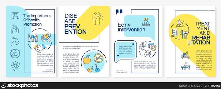 Health promotion brochure template. Rehab, early intervention. Flyer, booklet, leaflet print, cover design with linear icons. Vector layouts for magazines, annual reports, advertising posters. Health promotion brochure template