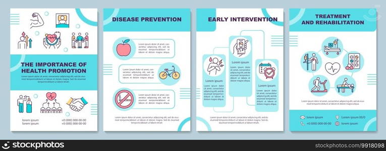 Health promotion importance brochure template. Disease prevention. Flyer, booklet, leaflet print, cover design with linear icons. Vector layouts for magazines, annual reports, advertising posters. Health promotion importance brochure template