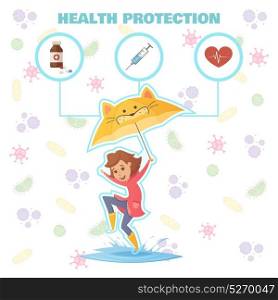 Health Protection Design Concept. Health protection design concept with little girl with umbrella jumping through puddles and healthcare icons flat vector illustration