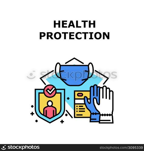 Health Protection Vector Icon Concept. Medicine Facial Mask And Wearing Gloves Health Protection Accessories For Protect People Health From Coronavirus Epidemic Problem Color Illustration. Health Protection Vector Concept Illustration