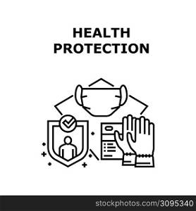 Health Protection Vector Icon Concept. Medicine Facial Mask And Wearing Gloves Health Protection Accessories For Protect People Health From Coronavirus Epidemic Problem Black Illustration. Health Protection Vector Concept Illustration