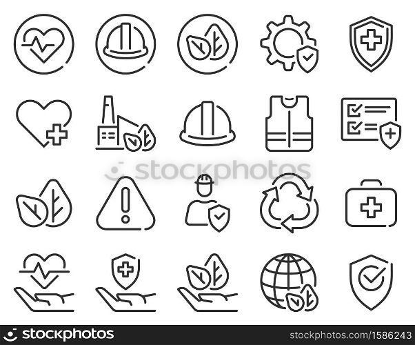 Health safety environment. Occupational security preventive, medical insurance, air pollution protection warning hazard, vector set. Illustration safety environment, industry protection and security. Health safety environment icons. Occupational security preventive, medical insurance, air pollution protection warning hazard, vector set