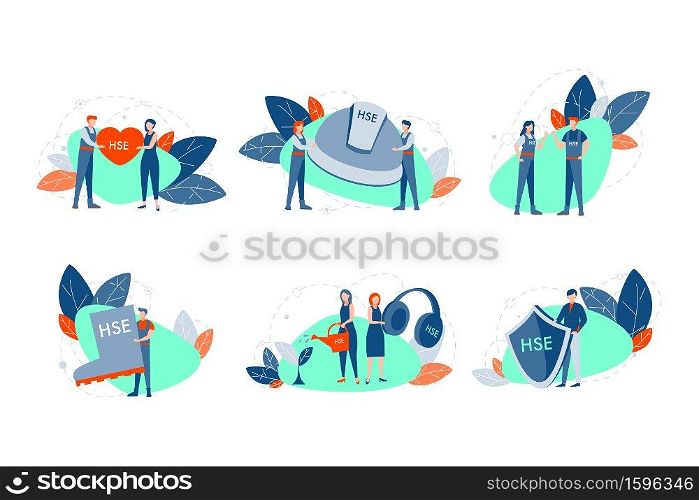 Health, safety, environment set concept. Young men women demonstrate helmet, shield, boot and heart with HSE abbreviation. Symbols of modern problem of healthcare and safe enviroment. Flat vector. Health, safety, environment set concept