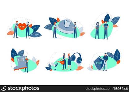 Health, safety, environment set concept. Young men women demonstrate helmet, shield, boot and heart with HSE abbreviation. Symbols of modern problem of healthcare and safe enviroment. Flat vector. Health, safety, environment set concept