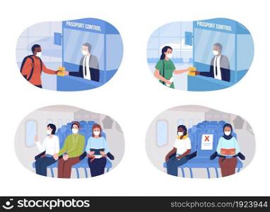 Health safety precaution in airport 2D vector isolated illustration set. Passengers and passport control workers in face masks flat characters on cartoon background. Travel colourful scene. Health safety precaution in airport 2D vector isolated illustration set