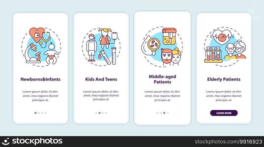 Health screening age groups onboarding mobile app page screen with concepts. Newborns, teens, adults walkthrough 4 steps graphic instructions. UI vector template with RGB color illustrations. Health screening age groups onboarding mobile app page screen with concepts