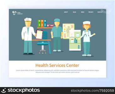 Health service center vector, specialists wearing uniforms people working in office flat style. Medical workers with diagnosis conclusion illness. Website or webpage template, landing page flat style. Health Service Center Doctors Working Website