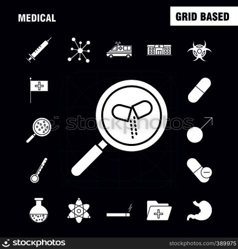 Health Solid Glyph Icons Set For Infographics, Mobile UX/UI Kit And Print Design. Include: Syringe, Medical, Medicine, Hospital, Stethoscope, Medical, Medicine, Doctor, Eps 10 - Vector