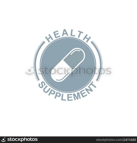 health supplement in the form of a round stamp impression. A capsule with tablets for a website, application, packaging or information.