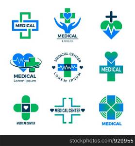 Health symbols. Medical signs for logo clinic healthcare design cross plus vector pictures isolated. Illustration of health medicine logo, medical healthcare and hospital logo. Health symbols. Medical signs for logo clinic healthcare design cross plus vector pictures isolated