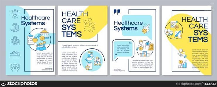 Health systems blue and yellow brochure template. Healthcare quality. Leaflet design with linear icons. Editable 4 vector layouts for presentation, annual reports. Questrial, Lato-Regular fonts used. Health systems blue and yellow brochure template