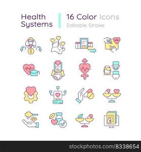 Health systems RGB color icons set. Healthcare approaches. Medical specialists. Isolated vector illustrations. Simple filled line drawings collection. Editable stroke. Quicksand-Light font used. Health systems RGB color icons set