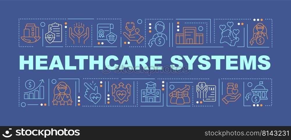 Health systems word concepts dark blue banner. Improving patient safety. Infographics with editable icons on color background. Isolated typography. Vector illustration with text. Arial-Black font used. Health systems word concepts dark blue banner