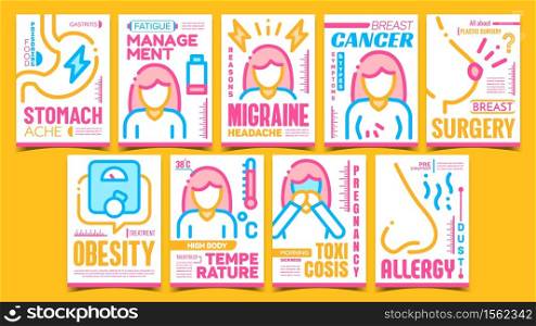 Health Treatment Advertising Posters Set Vector. Stomach Ache And Migraine Treatment, Body Temperature And Fatigue Management, Breast Cancer And Surgery. Concept Template Style Color Illustrations. Health Treatment Advertising Posters Set Vector