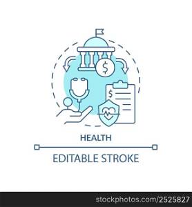 Health turquoise concept icon. Healthcare services financing. Expenditures abstract idea thin line illustration. Isolated outline drawing. Editable stroke. Arial, Myriad Pro-Bold fonts used. Health turquoise concept icon