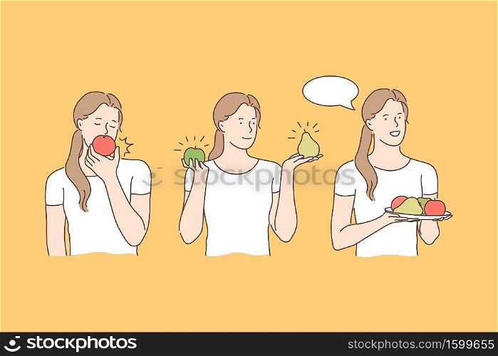 Health, vegan, fruit set concept. Young merry, cheerful woman wants to be healthy. Happy contented girl likes eco food very much. Each vegan and vegetarian prefers eating fruits. Simple flat vector. Health, vegan, fruit set concept