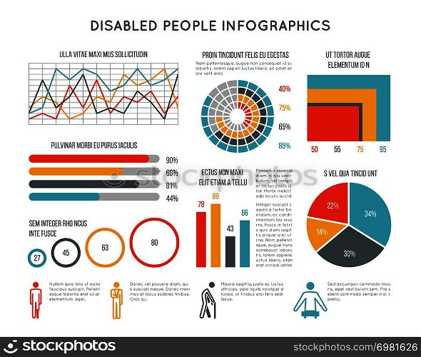 Healthcare and disability vector infographic with disabled person icons, charts and diagrams. Medical infographic disability people illustration. Healthcare and disability vector infographic with disabled person icons, charts and diagrams