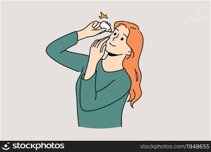 Healthcare and eyes hygiene concept. Young smiling woman cartoon character standing putting medical drops to eyes vector illustration. Healthcare and eyes hygiene concept
