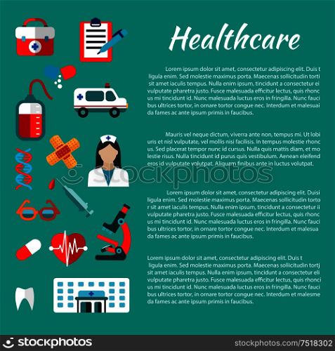 Healthcare and hospital poster design template with flat icons of doctor, ambulance, aid kit, hospital building, blood bag, heart, tooth, microscope, capsules, syringe, DNA helices, plaster glasses. Healthcare and medical poster design