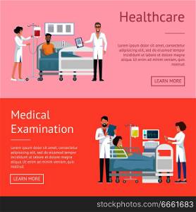 Healthcare and medical examination, pictures depicting doctor and nurse caring for patient after operation, web page vector illustration. Healthcare Medical Examination Vector Illustration