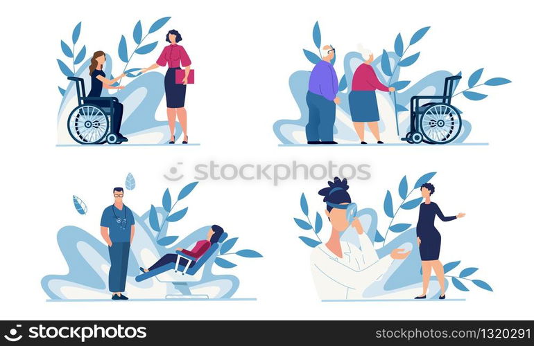 Healthcare and Medical Support for People Having Different Opportunities Cartoon Set. Hiring Disabled Woman, Home Sitting and Nursing for Pensioners, Womens Consultation. Vector Flat Illustration. Healthcare and Medical Support for People Set